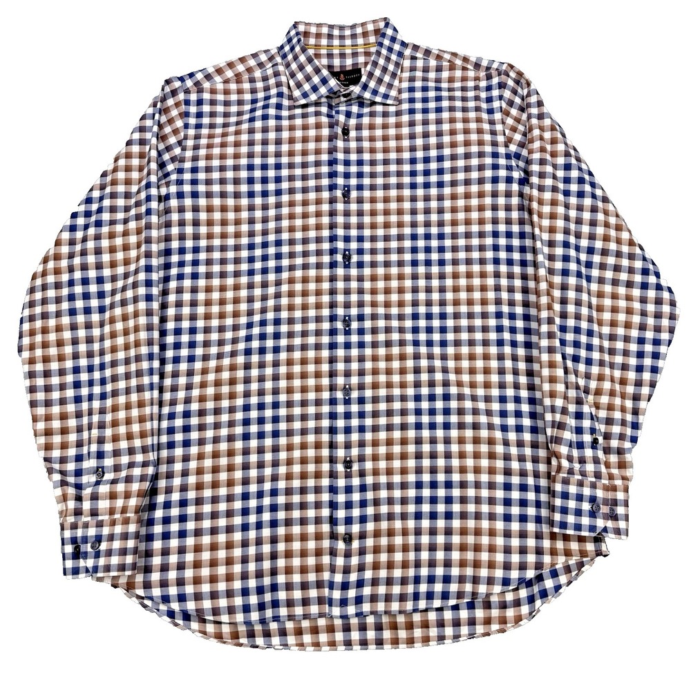 Robert Talbott Tailored Shirt Men XL Blue Brown Gingham Check Long Sleeve